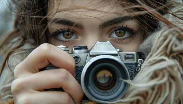 Woman holding camera, looking through lens